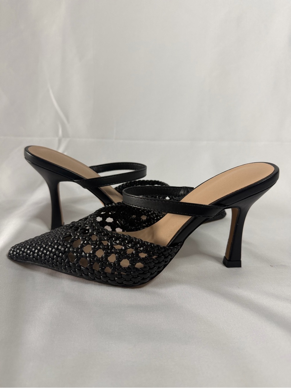 Woven Pointed Black Leather Mule Heels with Cross Strap
